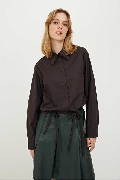 Roman Uzun Kol Etek Çevresi Kuşaklı Poplin Gömlek Kahve K2413545_005