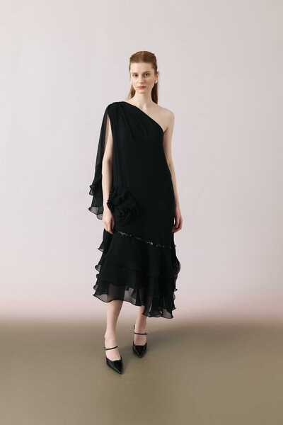 Roman Gül Motifli Tek Omuz Midi Boy Elbise Siyah Y2411320_001