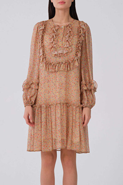 Roman Önü Fırfırlı Uzun Kol Çiçek Desenli Günlük Elbise Standart Renk Y2111039_089