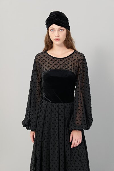 Roman Puantiyeli Balon Kol Midi Elbise Siyah K2311314_001