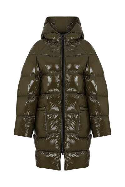 Roman Kapüşonlu Uzun Şişme Kadın Mont Olive K2251005_027