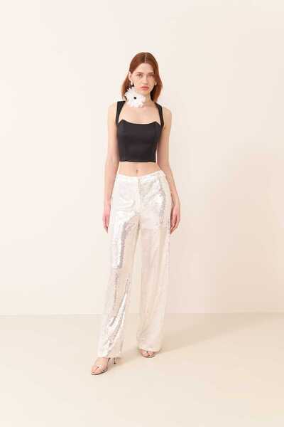 Roman Payetli Geniş Paça Pantolon Beyaz Y2312103_002