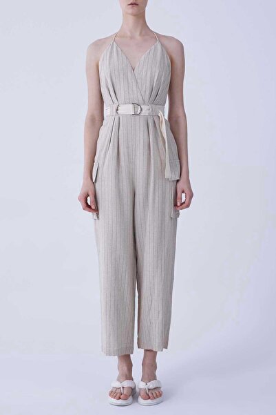 Roman Sırt Dekolteli Askılı Çizgili Tulum Bej Y2112414_024