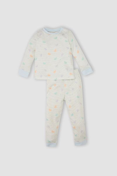 DeFacto Baby-Mädchen-Pyjama-Set mit Schmetterlingsmuster, Rundhalsausschnitt, langärmliges Oberteil, elastische Taille, langer Boden