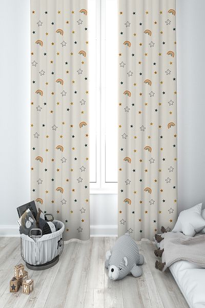 BAMBAŞKA MODA Baby and Children's Room Soft Rainbow and Road Patterned 2 Wing Background Curtain Ybp-8389