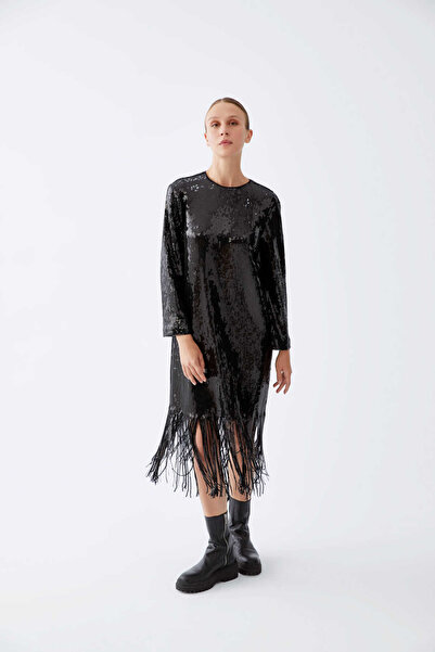 Roman Püsküllü Parlak Kumaş Abiye Elbise Siyah K2211508_001