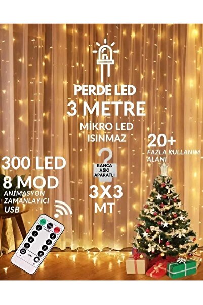 mr shopping MR 300 Ledli 10 Saçaklı Sarı Led Kumandalı 8 Modlu Perde Led Peri...