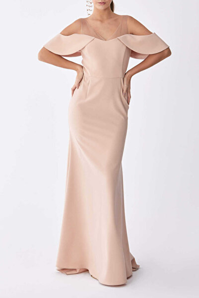 Roman Kol Detaylı Uzun Uzun Abiye Elbise Pudra Y2111315_055