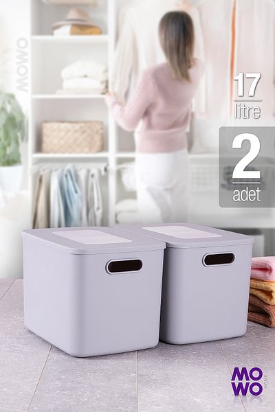 Mowo Home Storage Box Set of 2 Gray Color 17 Lt Organizer Storage Box with Lid, Organizer
