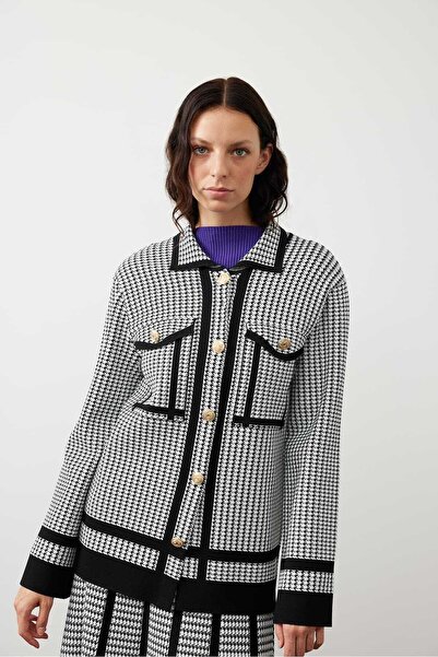 Roman Kazayağı Desen Triko Ceket Siyah-Beyaz K2472007_210