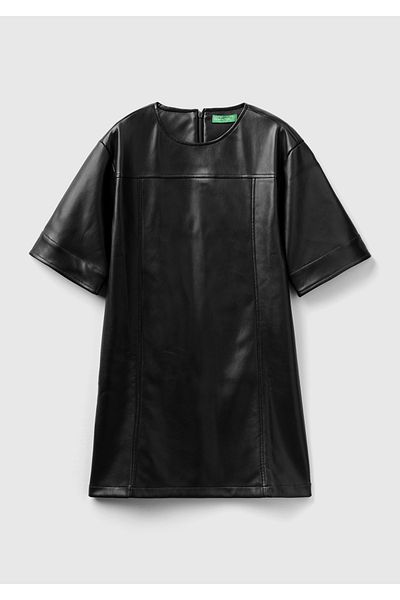 United Colors of Benetton Mini rochie neagră din piele artificială - fermoar la spate, mânecă scurtă