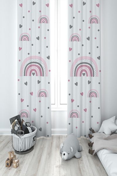 BAMBAŞKA MODA Baby and Children's Room Rainbow and Hopscotch Patterned 2 Wing Background Curtain Ybp-8397