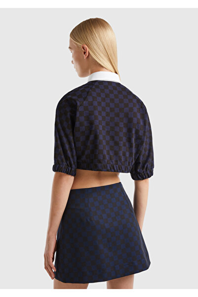 United Colors of Benetton Kadın Lacivert Mix Dama Desenli Kısa Kollu Crop Koton Gömlek