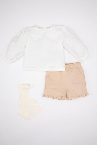 DeFacto 3-teiliges Twill-Set für Babys – Langarmbluse, Strumpfhosen und Twill-Shorts B9465a524sp