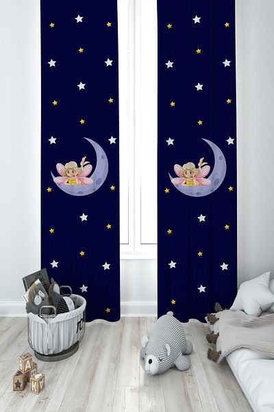 BAMBAŞKA MODA Baby and Children's Room 2 Wings Background Curtain with Fairy Girl Flying on the Moon Pattern Ybp-8161