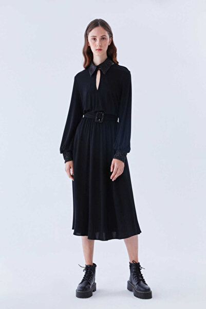 Roman Uzun Kollu Dekolteli Elbise Siyah K2211505_001