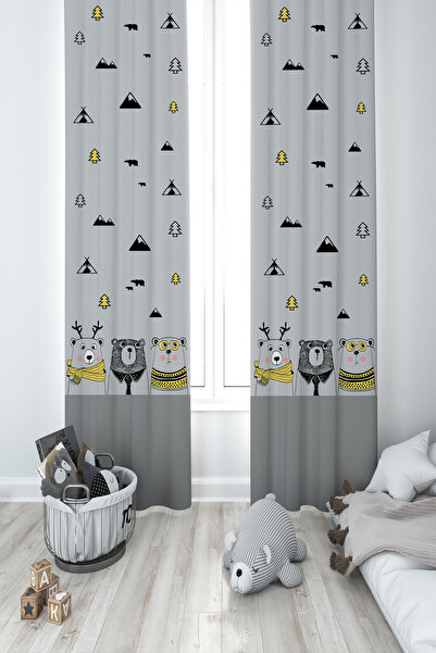 BAMBAŞKA MODA 3-комплект сірих штор з малюнком ведмедя і дороги для дитячої к...