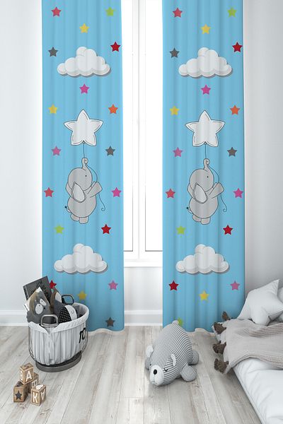 BAMBAŞKA MODA Baby and Children's Room Hopscotch Flying Elephant Pattern Blue 2 Wings Background Curtain Ybp-8311
