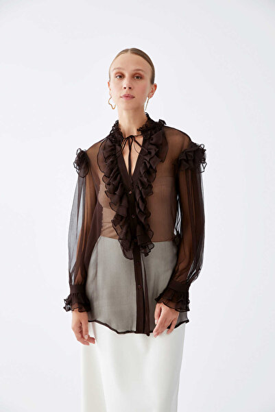 Roman %100 İpek Volanlı Transparan Gömlek Kahve K2213568_005