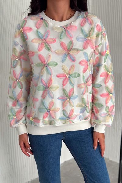 FEMELLE Hanorac din bumbac cu model de flori roz pentru femei
