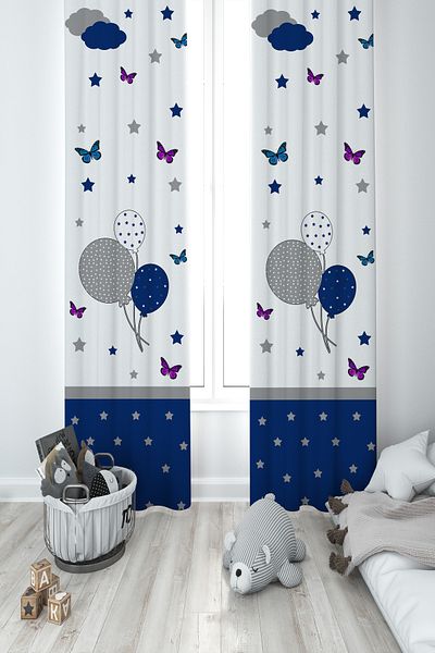 BAMBAŞKA MODA Baby and Children's Room Butterfly Balloon Pattern 2 Wings Background Curtain Ybp-8009
