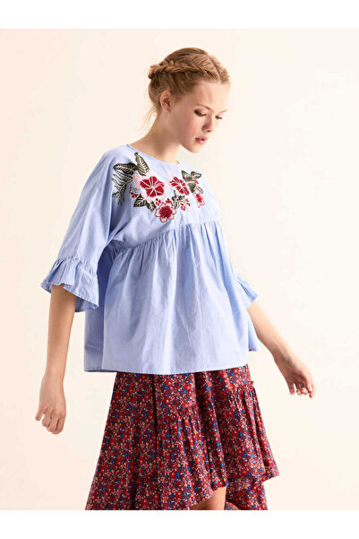 Roman Çiçek Desenli Kadın Bluz Mavi Y1866115_036