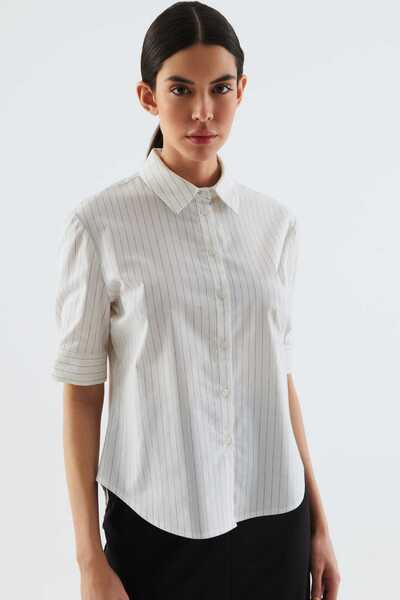 Roman Çizgili Kısa Kollu Kadın Gömlek Kemik Y2213564_019