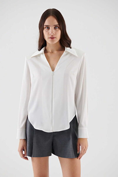 Roman Fermuarlı Kadın Gömlek Beyaz K2313558_002
