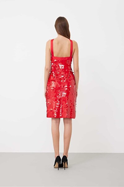 Roman Tafta Fiyonk Detaylı Diz Boy Payet Elbise Kırmızı K2411521_006