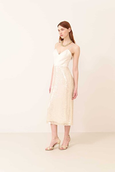 Roman Payetli Midi Boy Elbise Bej Y2411508_024