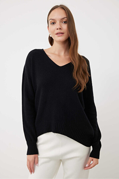 Roman Kaşmir ve Yün Karışımlı V Yaka Kazak Siyah K2471011_001