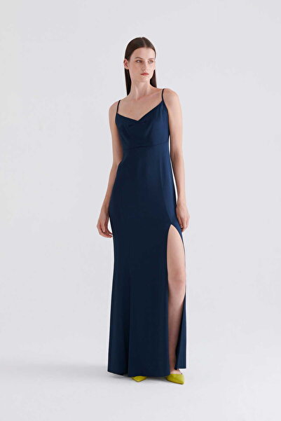 Roman Yırtmaçlı Abiye Elbise Lacivert K2311319_015