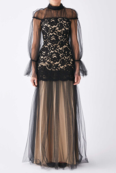 Roman Dantel Ve Tül Detaylı Şifon Elbise Siyah K1911314_001