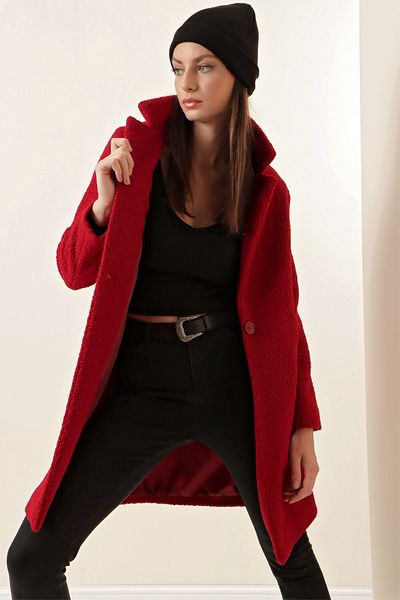 Bigdart 9082 Palton Oversize Kaşe - Roşu Claret