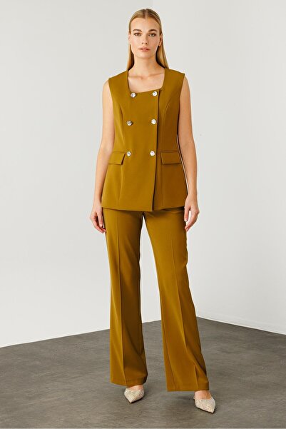 Moda İlgi Modailgi Çift Düğme Detaylı Kare Yaka Uzun Yelek - 4139 Olive