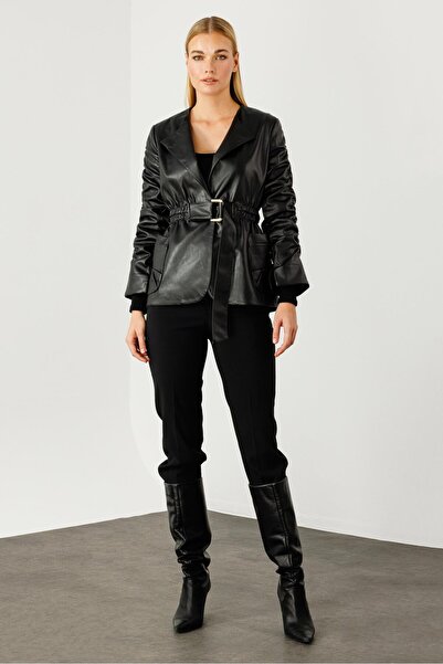 Moda İlgi Modailgi  Kolları Büzgü Detaylı Kısa Deri Ceket Siyah