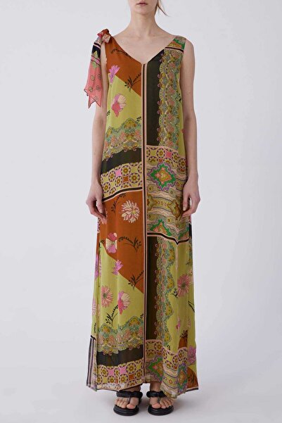 Roman V Yaka Empirme Desen Uzun Elbise Standart Renk Y2111120_089