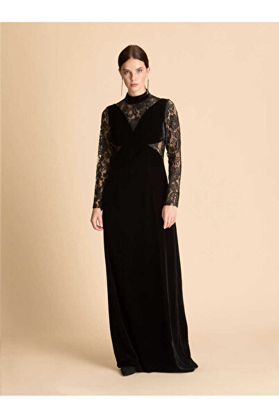 Roman Dantel Detaylı Nişan Elbisesi Siyah K1911327_001