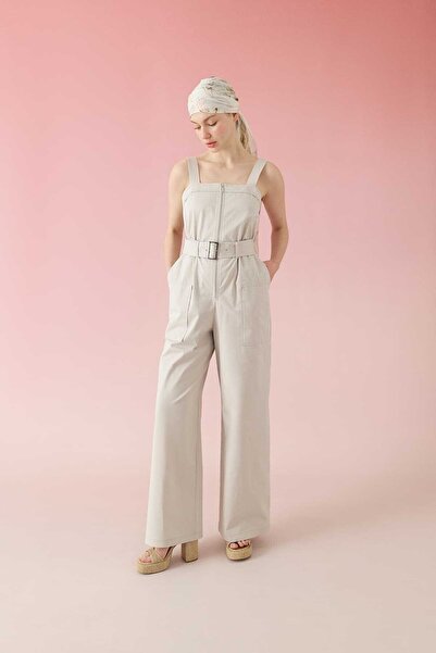 Roman Önden Fermuarlı Kemerli Kalın Askılı Tulum Taş Y2412414_044