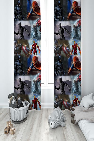 BAMBAŞKA MODA Baby and Children's Room Avengers Pattern 2 Wings Background Curtain Ybp-8241