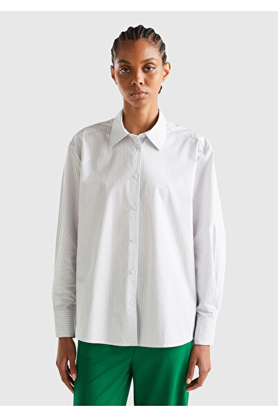 United Colors of Benetton Kadın Soluk Mavi %100 Koton Çizgili Gömlek