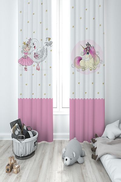 BAMBAŞKA MODA Baby and Children's Room Starry Unicorn Pattern 2 Wings Background Curtain Ybp-8250
