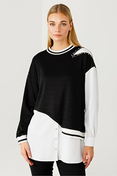 Moda İlgi Modailgi Ribana Detaylı Asimetrik Tunik Siyah