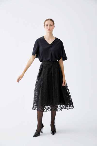 Roman %100 İpek V Yaka Kısa Kollu Bluz Siyah K2213001_001