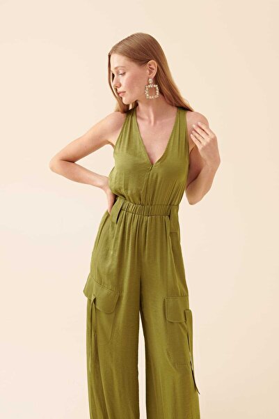 Roman Yanları Cepli Askılı Tulum Yeşil Y2312404_012