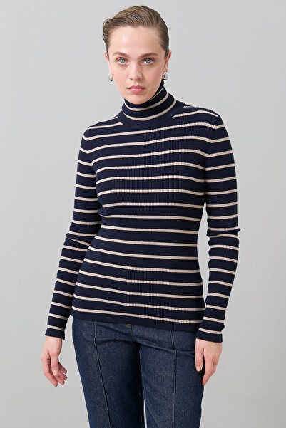 Roman Balıkçı Yaka Çizğili Yün Triko Lacivert - Bej K2473008_629