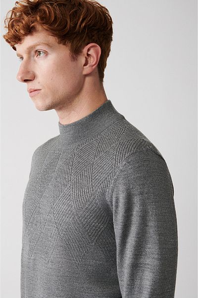 Avva Grauer Herren-Strickpullover aus Wollmischung mit halbem Rollkragen und gemusterter Vorderseite A32y5193