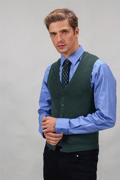 Tudors Vestă pentru bărbați, slim, cu decolteu în V, cu model verde, cu nasturi
