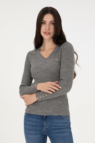 U.S. Polo Assn. Women's Gray Melange V-Neck Glitter Sweater 50297398 -Vr086