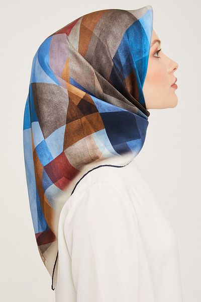 Armine Nostalgia Series Silk Twill Scarf 9024D Geometric Pattern Blue-Viscose
